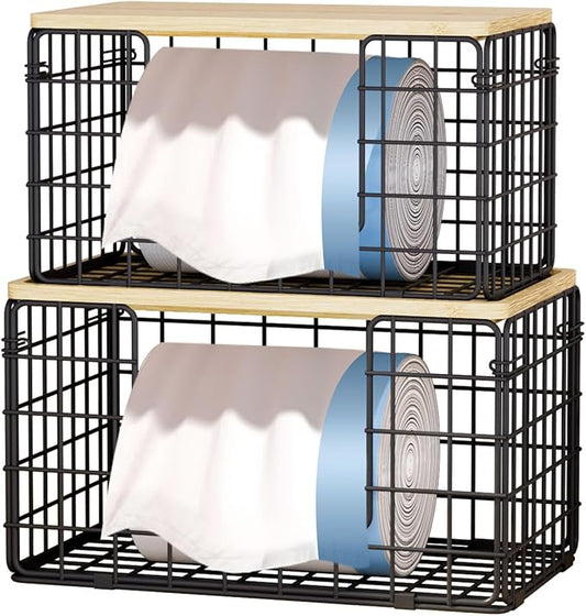 2 Pack Trash Bag Dispenser Under Sink, Trash Bag Holder with Bamboo Top, Garbage Bag Dispenser, Storage Stackable for Kitchen Laundry Organizers Countertop Organization Black