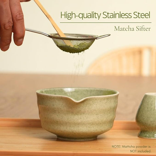 Matcha Whisk Set, Matcha Set, Handcrafted Bamboo Chasen & Ceramic Bowl Matcha Kit, 5 Pcs Matcha Set Whisk and Bowl with Stainless Steel Sifter, Tea Ceremony, Jade