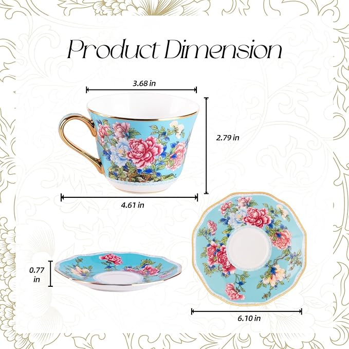 KAMMAK Porcelain Espresso Cups with Saucers, Cappuccino Cups with Saucers Set of 2, 7oz Handcrafted Ceramic Floral Coffee and Tea Cup, Vintage Drinkware for Tea Party, Holiday Gifting, Office, Gifts