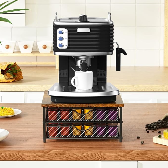 Coffee Pod Drawer K Cups Organizer 2-Tier Coffee Pod Storage Holder with Drawer Baskets 72 Capacity Coffee Capsule Storage Organizer Drawer, Industrial Brown and Black