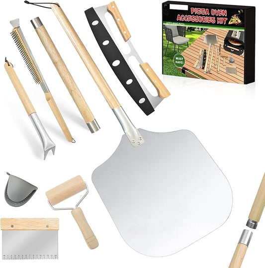 7PCS Pizza Oven Accessories Kit – Premium Pizza Making Tools Set for Home & Outdoor Ovens – Includes Pizza Peel, Oven Brush, Bubble Popper Turner, Rocker Cutter, Dough Roller & Scraper