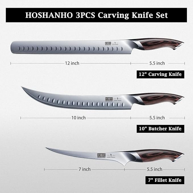 Carving Knife Set 3PCS, Japanese High Carbon Steel Brisket Slicing Knife Sets with Ergonomic Pakkawood Handle, Butcher Knife Breaking Knife Boning Knife for Meat Cutting