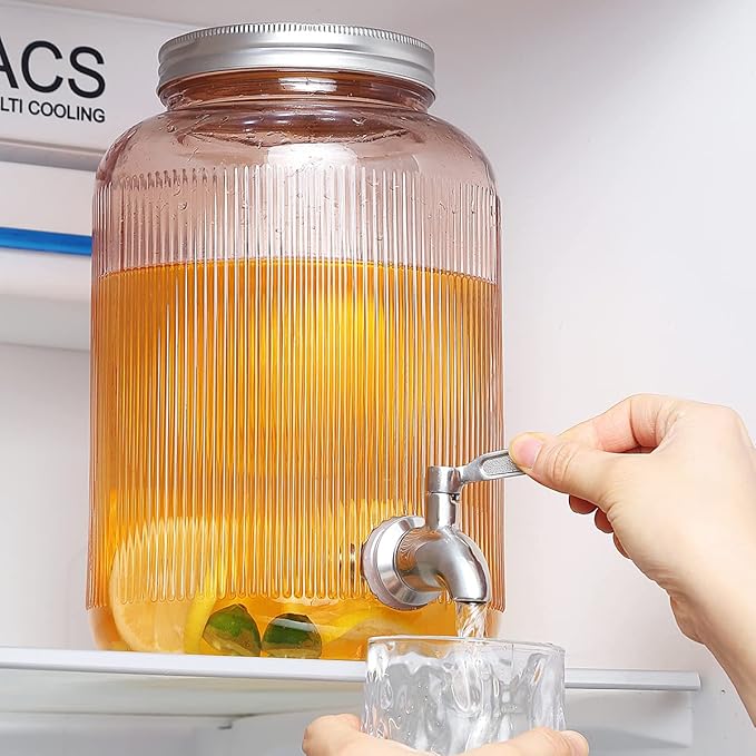 Berglander Glass Drink Dispenser for Fridge, 1 Gallon Beverage Dispenser with Leakproof Stainless Steel Spigot, Water, Laundry Detergent, Juice Dispenser for BBQ, Picnic, Parties and Events (Pink)