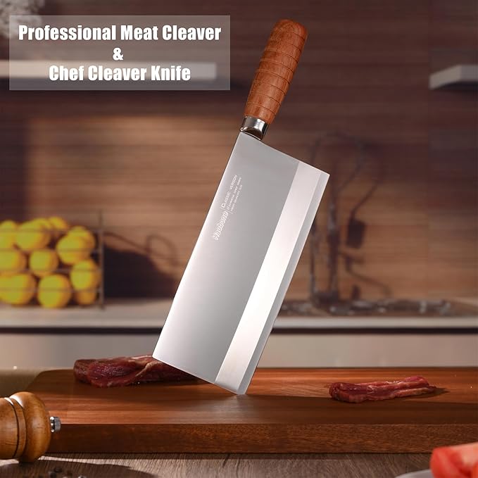 Meat Cleaver 8 Inch Professional Chinese Cleaver Knife Chefs Knife Stainless Steel Sharp Vegetable Knife Non-stick Rosewood Handle for Homes Restaurants Caidao Gift Box
