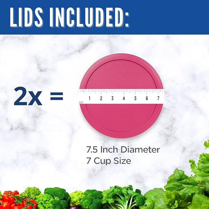 Replacement Lids for Pyrex 6 & 7-Cup Glass Food Storage Container Bowls, 7.5-Inch Plastic Round Lids Covers fits Pyrex 7402-PC, Airtight & Leakproof (2-Pack, Fuchsia)