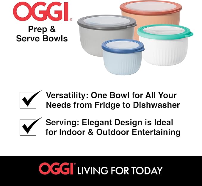 Oggi Prep, Store & Serve Plastic Bowl w/See-Thru Lid- Dishwasher, Microwave & Freezer Safe, (4 qt) White/Aqua
