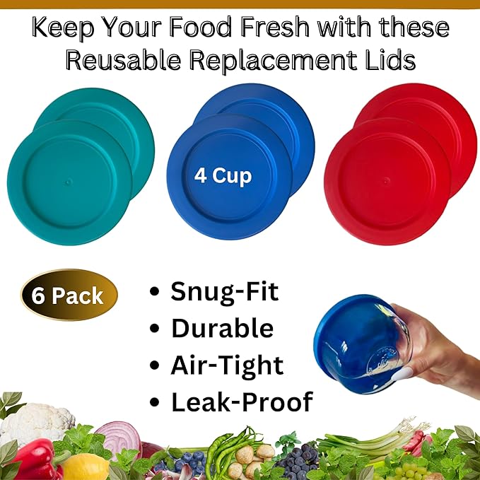 4 Cup/950 mL Turquoise, Blue, Red Replacement Lids/Covers for Pyrex 7201-PC, 32oz Anchor Hocking & Klare Ware Storage Bowls *Lids Only* - *Glass Container Not Included* (6 Pack, Turquoise/Blue/Red)
