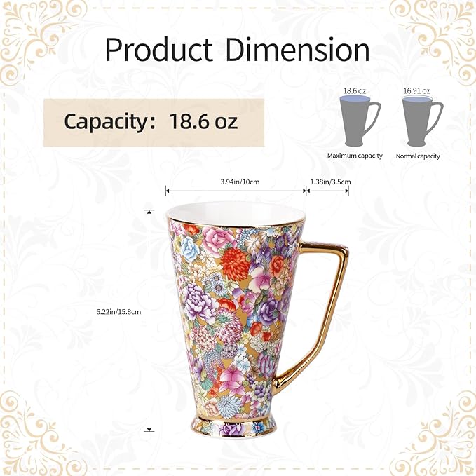 KAMMAK Ceramic Coffee Mugs 20 oz Tall Porcelain Coffee Cups Set of 2 Large Tea Mugs with Handle Vintage Tea Cups Cappuccino Mug for Latte, Espresso, Americano, breakfast cereal, Hot Cocoa, Drinks