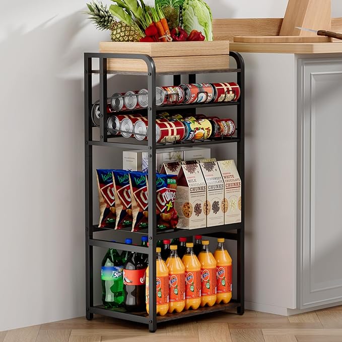 Kadolina Soda Can Organizer for Pantry, 5-Tier Storage Shelf, Kitchen Organizers and Storage, Multifunctional Snack Organizer Rack, Standing Can Rack for Pantry/Kitchen (Black)