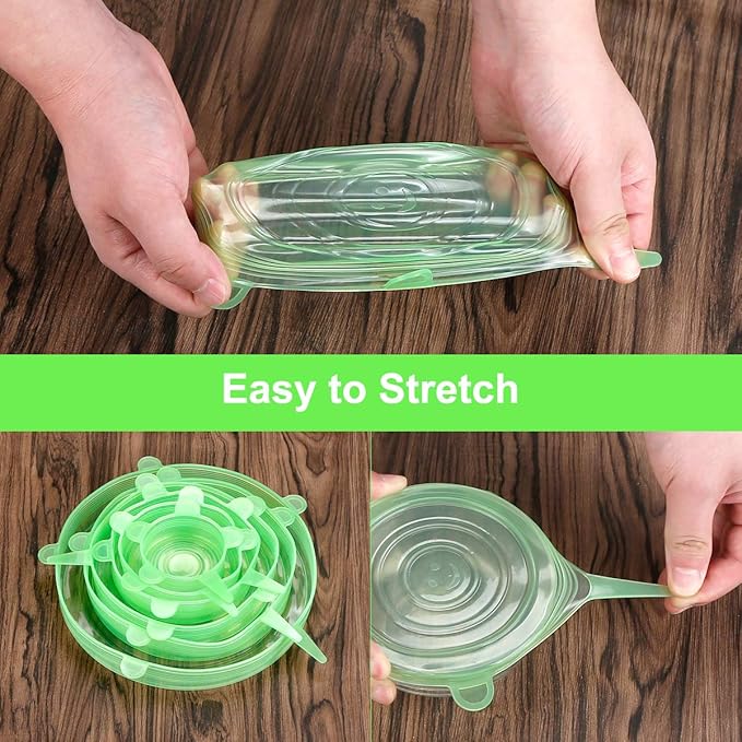 Silicone Stretch Lids, 12 Pack Silicone Lids, 6 Sizes BPA-free Silicone Bowl Covers Reusable for Cups, Bowls and Dish, Flexible, Round and Rectangle Fit 2.6” - 8.2” Container, Green & Blue