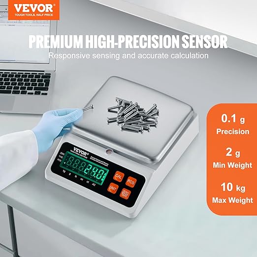 VEVOR Industrial Counting Scale, 10 kg x 0.1 g, Digital Scale for Parts and Coins, g/kg/lb/oz/ct Units, Electronic Gram Scale Inventory Counting Scale Kitchen Jewelry Counting Scale with LED Screen