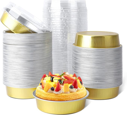 Beasea Mini Pie Tins with Lids, 120 Pack 4 Inch 8oz Disposable Creme Brulee Ramekins Golden Mini Small Aluminum Foil Pie Tart Cake Baking Pans Individual Round Containers Oven Safe for Baking