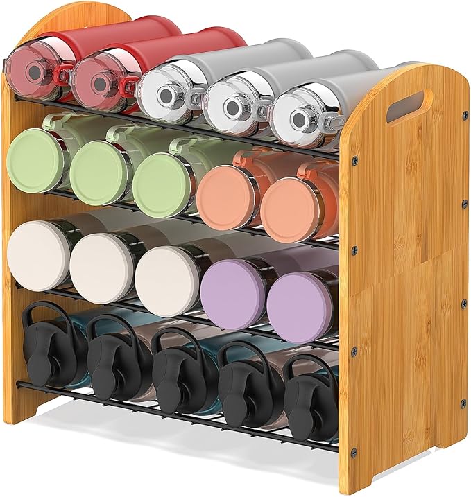4 Tier Water Bottle Organizer, Stackable Bamboo Water Bottle Holder, Water Bottle Storage Rack Tumbler Travel Mug Cup Organizer for Kitchen Cabinet Countertop Pantry (Black)