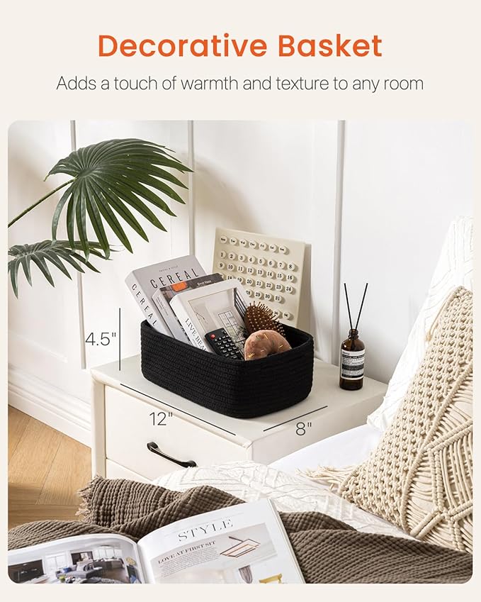 Small Woven Basket, 12 x 8 x 4.5 Inches, Storage Basket for Organizing, Cute Small Rope Shelf Closet Cube Storage Bins Baskets for Shelves, Dog Toy Gift Baskets Empty, 3 Packs, Black
