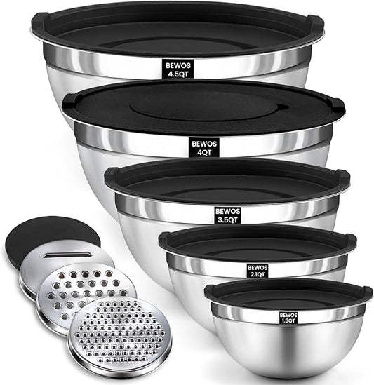 BEWOS Mixing Bowls with Airtight Lids Set - 5 Pcs Stainless Steel Mixing Bowls With 3 Grater Attachments, Size 4.5, 4, 3.5, 2.1, 1.5QT Metal Bowls for Baking and Serving (Black)
