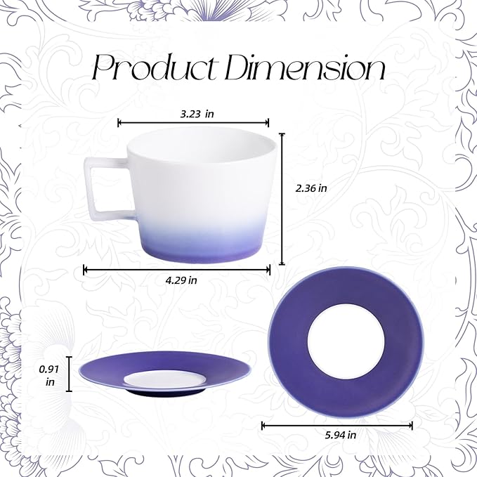 KAMMAK Porcelain Espresso Cups with Saucers, Ceramic Coffee Cups and Saucers Set of 2, Handcrafted Cappuccino Cup with Saucer for Tea Party, Holiday, Office, Gifts (Gradient Purple, 7oz)
