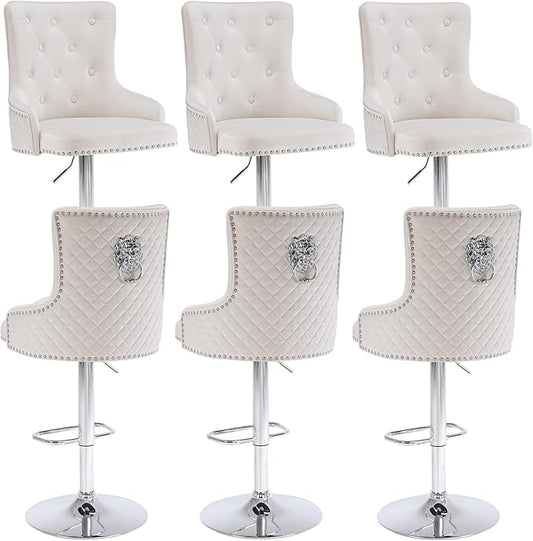 Velvet Lion Bar Stools Set of 6, Modern Height Adjustable Swivel Barstools with Chrome Base, Tufted Counter Height Bar Stools Upholstered Bar Chairs for Kitchen Island, Dining Room, Beige