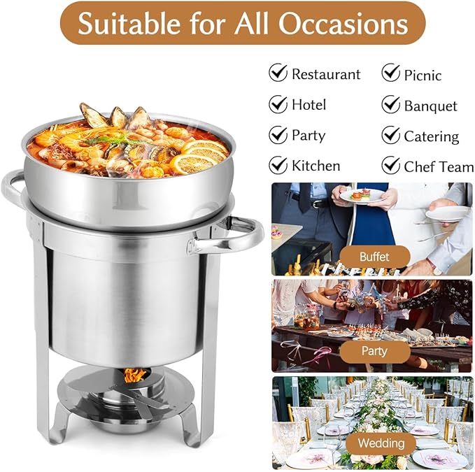 Snowtaros 7QT Soup Chafer, Stainless Steel Round Soup Warmer with Pot Lid & Fuel Holder, Commercial Soup Pot Chafing Dish for Catering, Parties, Banquets, Events (2 Pack)