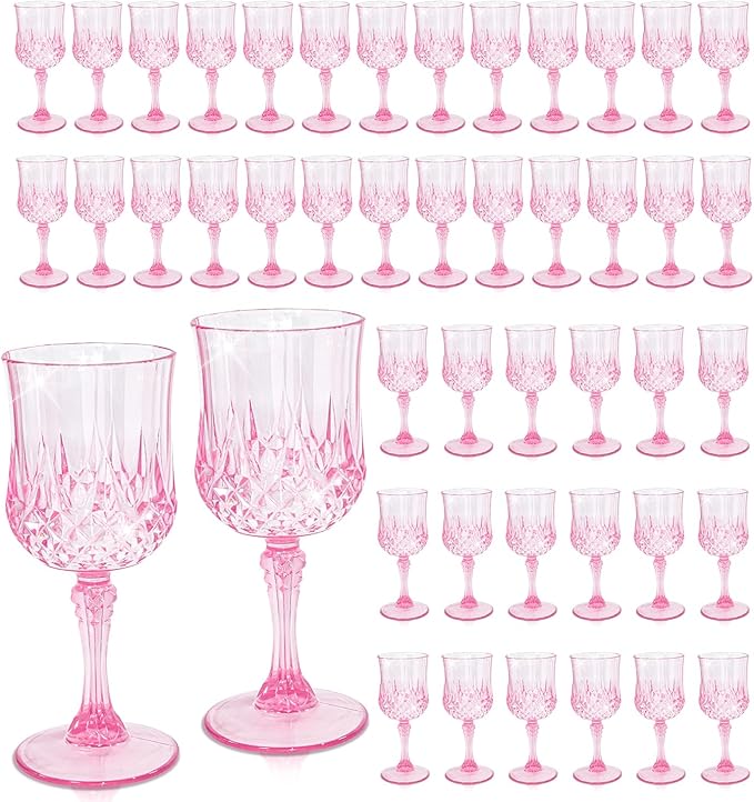 48 PCS Plastic Pink Wine Glasses, Plastic Goblets Pink Vintage Wine Glasses, Reusable Drinkware Vintage Champagne for Parties for Wedding Reception Grand Event Party, 7oz