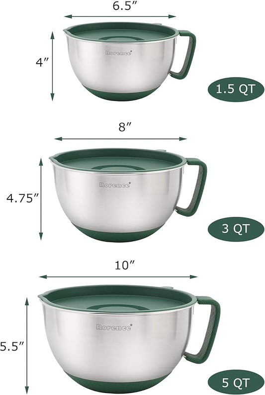Rorence Mixing Bowls Set: Stainless Steel Non-Slip Bowls with Pour Spout, Handle and Lid - Set of 3 - Green