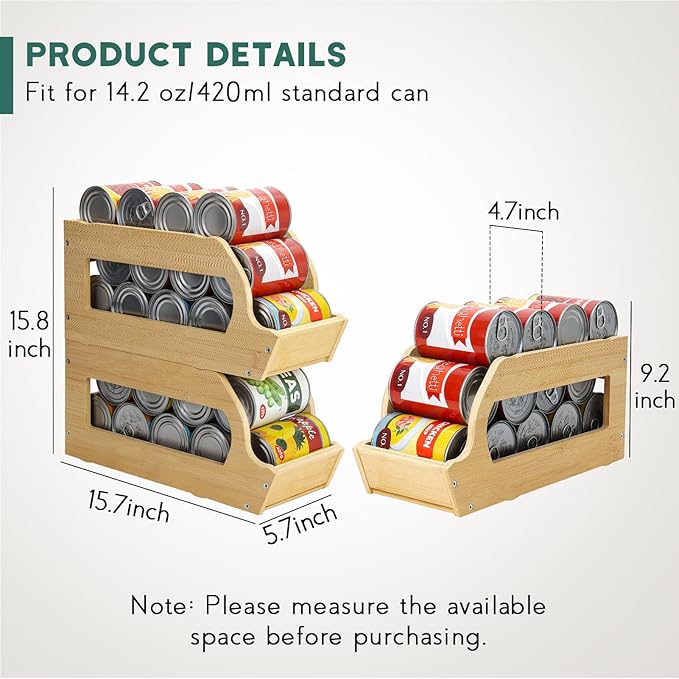 Bamboo Can Organizers and Storage for Pantry, Soda Can Organizer Beverage Drink Holders, Stackable Canned Goods Organizer Can Dispenser for Pantry, Kitchen, Cabinet (2 Pack)