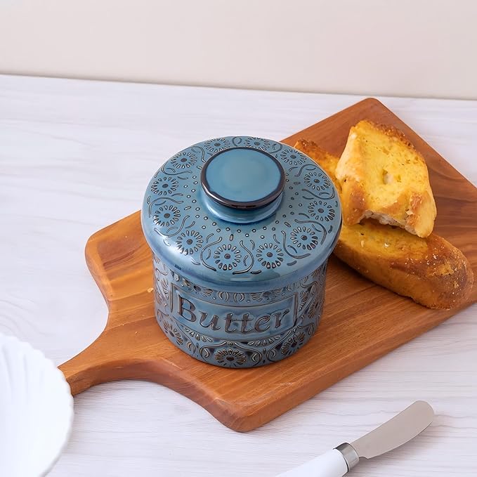 Ceramic Butter Crock with Lid, French Butter Dish with Water Line for Countertop, Butter Keeper for Spreadable Butter, Container Holder for Kitchen and Home Decor, 6.7 OZ, Vintage Blue