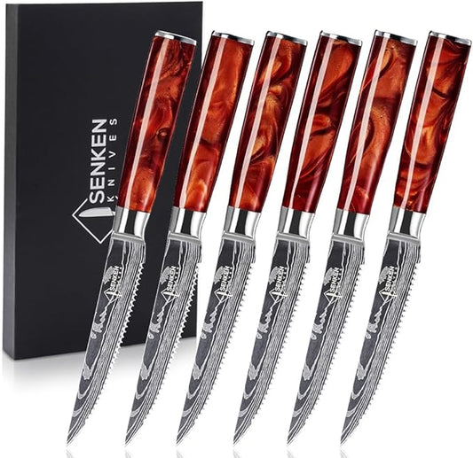 SENKEN Professional Steak Knife Set with Engraved Damascus Pattern, Razor Sharp Blade, High Carbon Stainless Steel with Beautiful Gift Box, Blue & Red Resin Handles