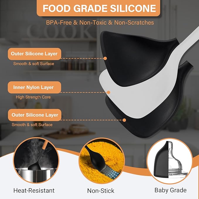 Large Silicone Cooking Utensils Set, 10Pcs Nonstick Kitchen Utensil Set with Wooden Handle, Heat Resistant Silicone Utensils for Cooking, BPA Free Spatula Set with Turners Spoon Ladle Skimmer(Black)