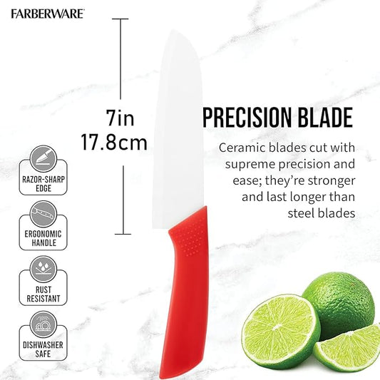Ceramic Santoku Knife 7 Inch - High-Precision Blade for Meats, Fruits, and Vegetables - Durable Ceramic Blade with Protective Sheath - Red