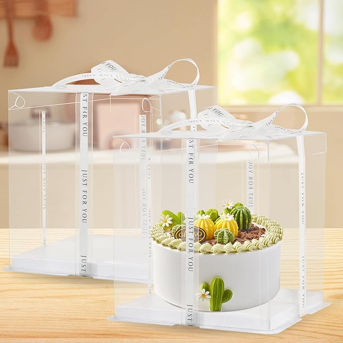8 Pcs Clear Cake Box with Ribbon 2-Layer 10x10x9 Inch.PET Cake Carrier Transport Container for Tiered Cakes, Transparent Gift Display Boxes with Lid for Halloween.(Clear, 10*10*9inch/8pcs)