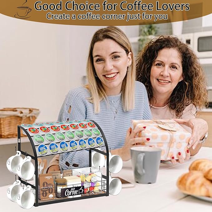 K Cup Coffee Pod Holder, 2 Tier Coffee Bar Organizer with 8 Mug Hooks, 2025 New K Cup Holders for Counter, Easy Assembly, Multi-functional Coffee Station Organizer for Countertop, Home or Office,Black