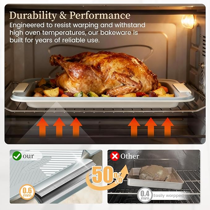 Kikcoin 25 PCS Stackable Baking Pans Set, Non-stick Bakeware Sets with Silicone Handles, 450°F Oven Safe Cookie Sheets for Baking, Easy Release Heavy-duty Baking Sheets Non Stick, Cream