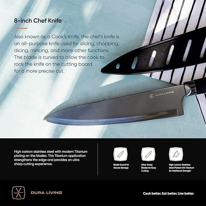 Chef Knife, 8 Inch Nonstick Titanium Plated Stainless Steel Ultra Sharp Blade, With Ergonomic Comfort Grip Handle Chef's Cooking Knife, With Matching Sheath