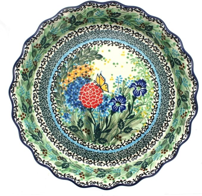 Blue Rose Polish Pottery - Green Teresa Pie Plate - 10" Diameter - Ceramic Baking Dish, For Pies, Quiches & Desserts