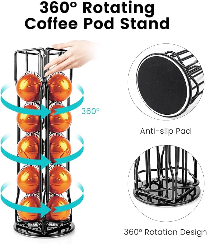 Coffee Pod Stand Holder for Nespresso Vertuoline 20 Pods, Coffee Bar Vertuo Pod Organizer Rack, 360° Rotating Coffee Capsule Holds Storage, 20 Pods Holder Spinner for Nespresso Vertuo Line (Black)
