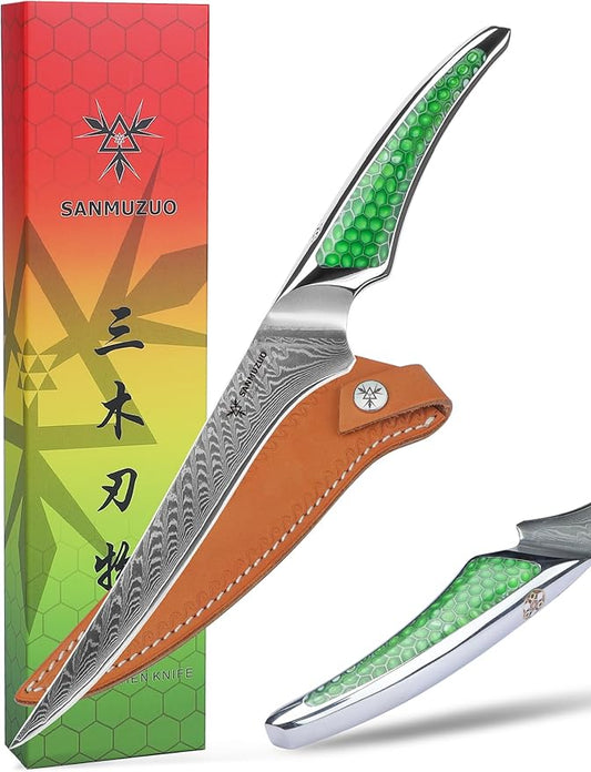 7 inch Fillet Knife, Japanese VG-10 Damascus Steel Kitchen Fish Knife with Ultra Sharp Blade and Full-tang Green Resin Handle