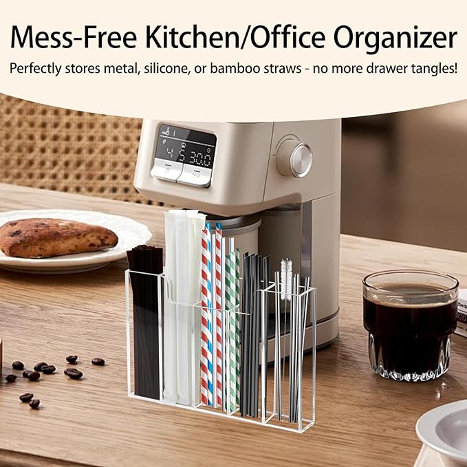 Weiai Acrylic Straw Organizer Holder for Counter Cabinet, 5 Slot Straw Dispenser with 2 Installation Methods for Kitchen Café Bar, Clear