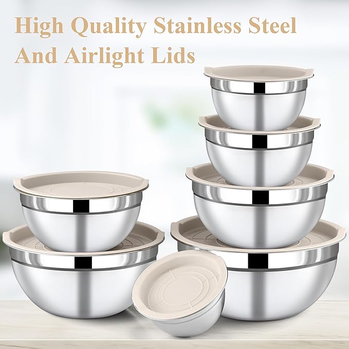7 Piece Stainless Steel Mixing Bowls with Lids Set - Khaki Nesting Metal Mixing Bowls for Kitchen, Sizes 4.5, 4, 3.5, 2.1, 1.5, 1.1, 0.7 Qt for Baking, Cooking and Serving, Dishwasher Safe