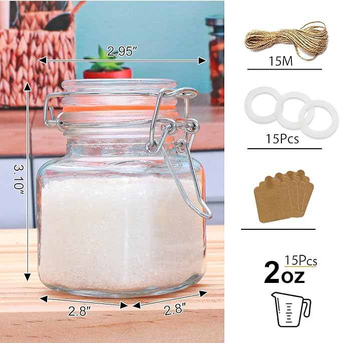 4oz Small Spice Jars with Lids, 15 Pack Airtight Glass Jars, Small Spice Containers Includes Labels & Rubber Gaskets for Kitchen, Jam, Herbs, Crafts, Wedding
