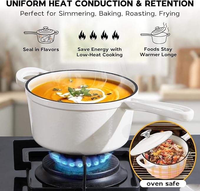 Onader 2 Quart Saucepan Dutch Oven, Enameled Cast Iron Sauce Pan Pot with Lid, Small Cooking Kitchen Pot, Nonstick & Oven Safe – White