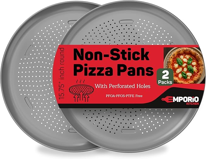 Non-Stick Pizza Pan 2 Pack – 16 Inch Round Carbon Steel Pizza Tray with Perforated Holes, PFOAPFOSPTFE-Free, Dishwasher & Oven Safe Up To 450°F, Durable Nonstick Silver Coating