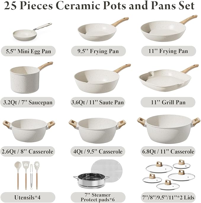 25 Pcs Pots and Pans Set Non Stick Ceramic Cookware Set, Healthy Non Toxic Kitchen Cookware with Mini Egg Pan, Large Capacity, Induction Compatible, PFAS/PTFE/PFOA/PFOS Free, Cream White