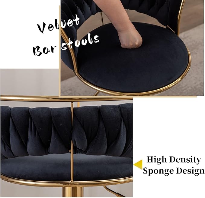 LukeAlon Velvet Adjustable Barstools Set of 2, Modern 360° Swivel Counter Stools with Golden Base Upholstered Open Back Tall Bar Chairs with Footrest for Home Kitchen, Black