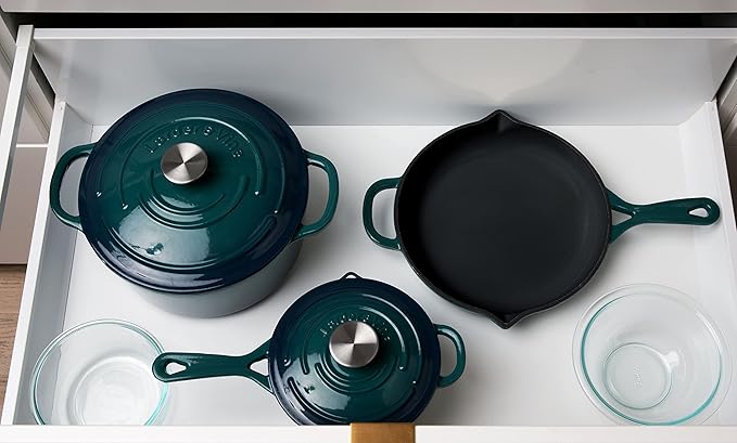 Larder & Vine 9 Piece Enameled Cast Iron Cookware Set, Oven Safe and Compatible with all Cooktops – includes 3.6 Qt Braiser, 5.7 QT and 8 QT Dutch Ovens, 10.25in Skillet and 2.2 QT Saucepan (Bondi)