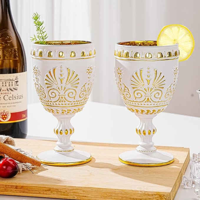 Sungmor Vintage White and Gold Wine Goblets - Set of 2 Embossed Glasses, 10 oz Decorative Drinking Glassware for Wine, Water or Cocktails - Baroque Stemware for Entertaining or Gifting