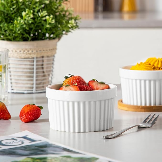 vancasso 10 oz Ramekins with Lid, Porcelain Creme Brulee Souffle Dishes, White Pudding Custard Cups Ramiken for Baking, Dishwasher and Oven Safe, Set of 6