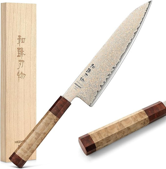 HEZHEN Tricolor Copper Damascus Chef Knife,8.3 Inch Japanese Damascus Knife, 37 Layers Damascus Steel Chef Knife-Razor Sharp,Sycamore Wood Handle