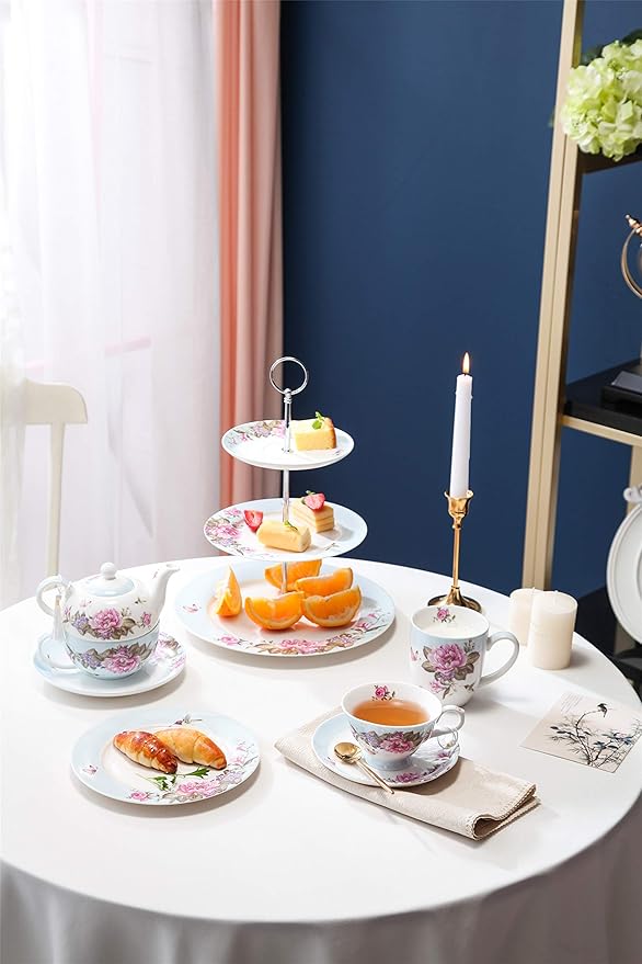 London Boutique Tea for One Teapot Cup Saucer Set Vintage Bird Rose Butterfly Flora New Bone China Gift Box (Blue)