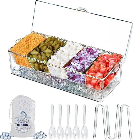 LIMOEASY Chilled Condiment Server, Clear Garnish Tray with Lid for Bar for Parties with 5 Removable Compartments, Ice Serving Bowl, Serving Containers for Fruit, Caddy, Snack, Sauce