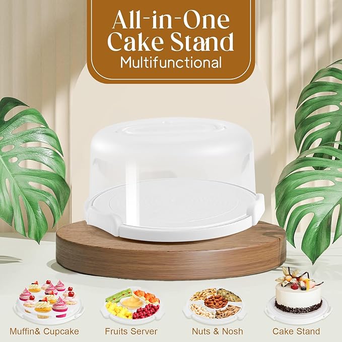 Cake Carrier with Lid and Handle, Multipurpose Cake Stand Fits 10 inch Cake, Cupcake Containers for 11 Cupcakes，Cake Holder Serves as Five Section Serving Tray, Portable Cake Carriers, White
